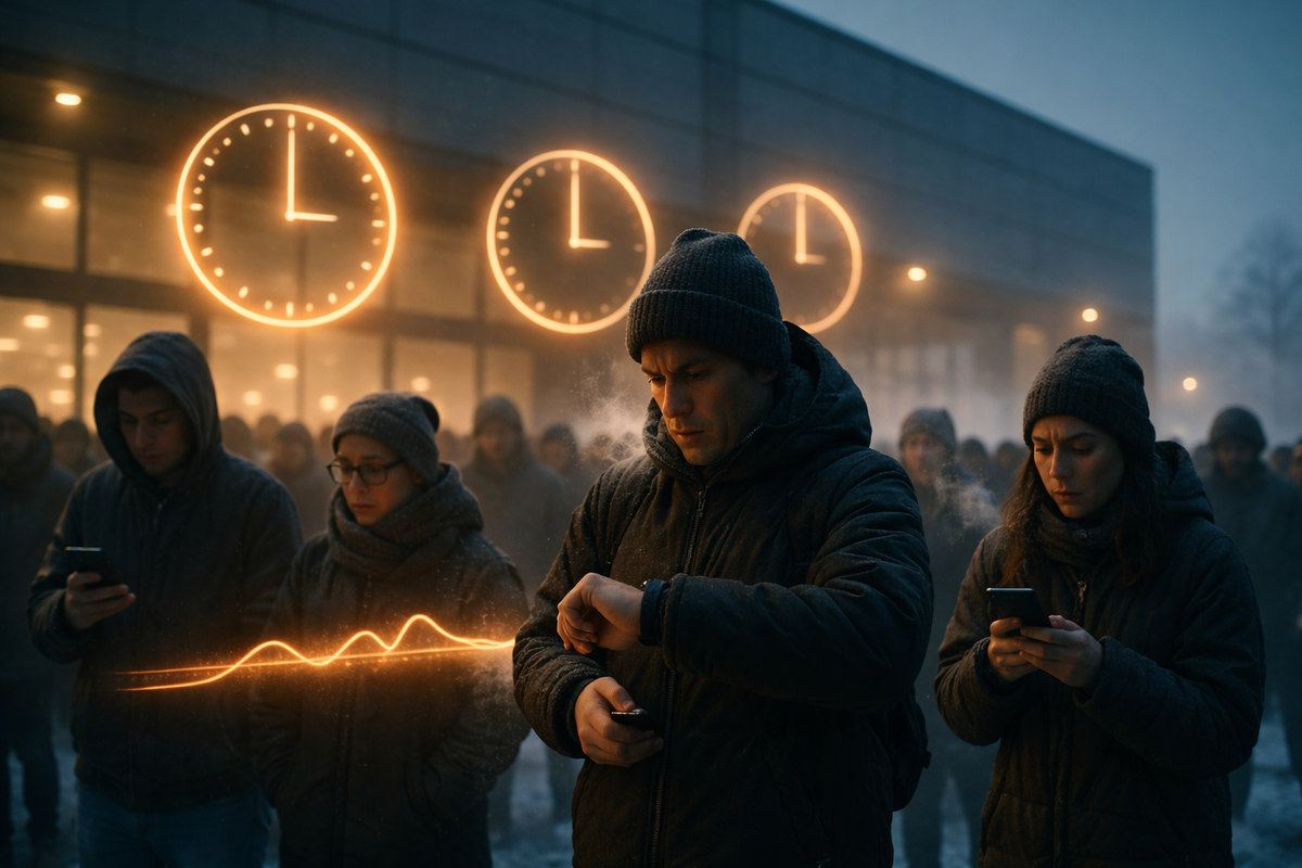 Frozen dawn queue outside a big unbranded store, visible breath and tired eyes, three glowing clocks and an abstract crowd graph—heart-racing “how early to line up” pressure, focused determination