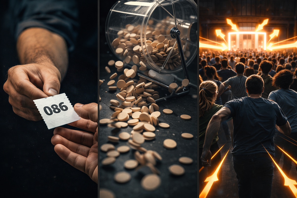 Three-panel ticket chaos: numbered queue ticket in hand, lottery drum spilling tokens, and a crowd sprinting toward bright doors—high-stakes rules, frantic urgency, don’t-miss-your-slot tension