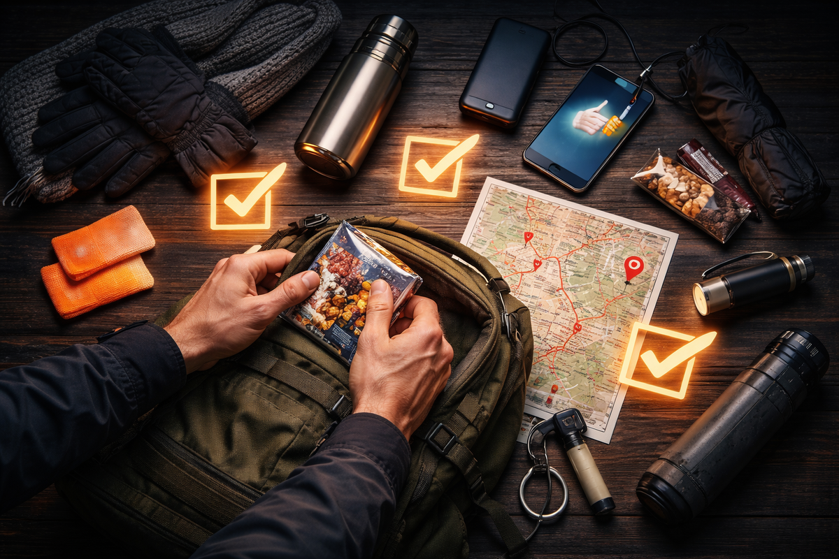 Packing flat-lay survival kit: gloves, thermos, power bank, snacks, flashlight, route map with pins and glowing checkmarks—calm preparedness, winter-wait confidence, no-regret readiness