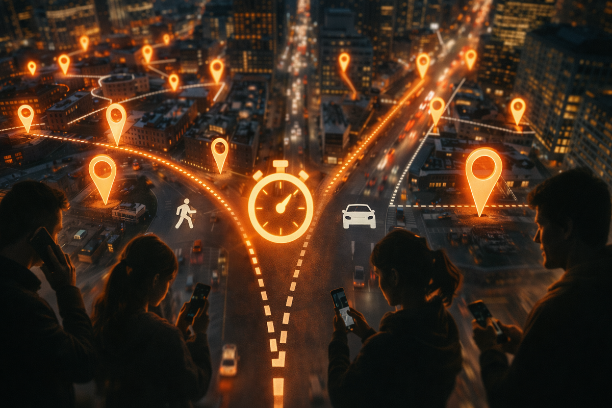 Night city strategy map with glowing location pins and a stopwatch, walking vs car route split, team checking phones—speed-run timetable vibes, ruthless efficiency, adrenaline planning for multi-store hopping