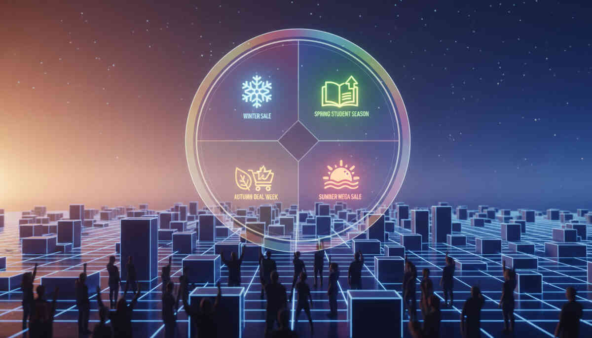 Holographic yearly deal wheel hovering over a futuristic city grid—winter sale, spring student season, summer mega sale, autumn deal week—strategic timing clarity, big-deal anticipation, calm confidence
