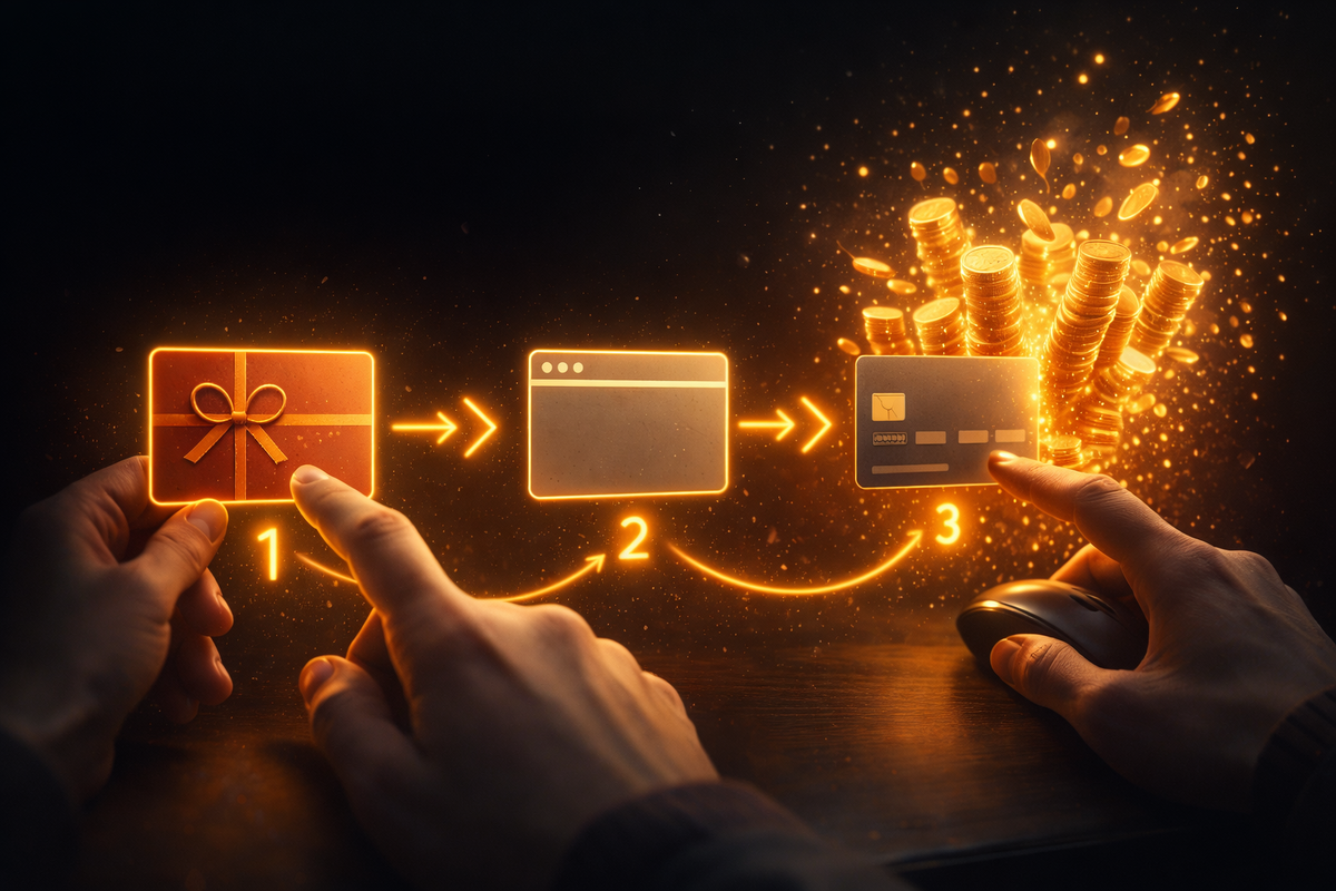 Three-step cashback combo visual: gift card → browser checkout → payment card, ending in an explosive coin shower—satisfying stack effect, “I cracked the system” adrenaline, victory momentum
