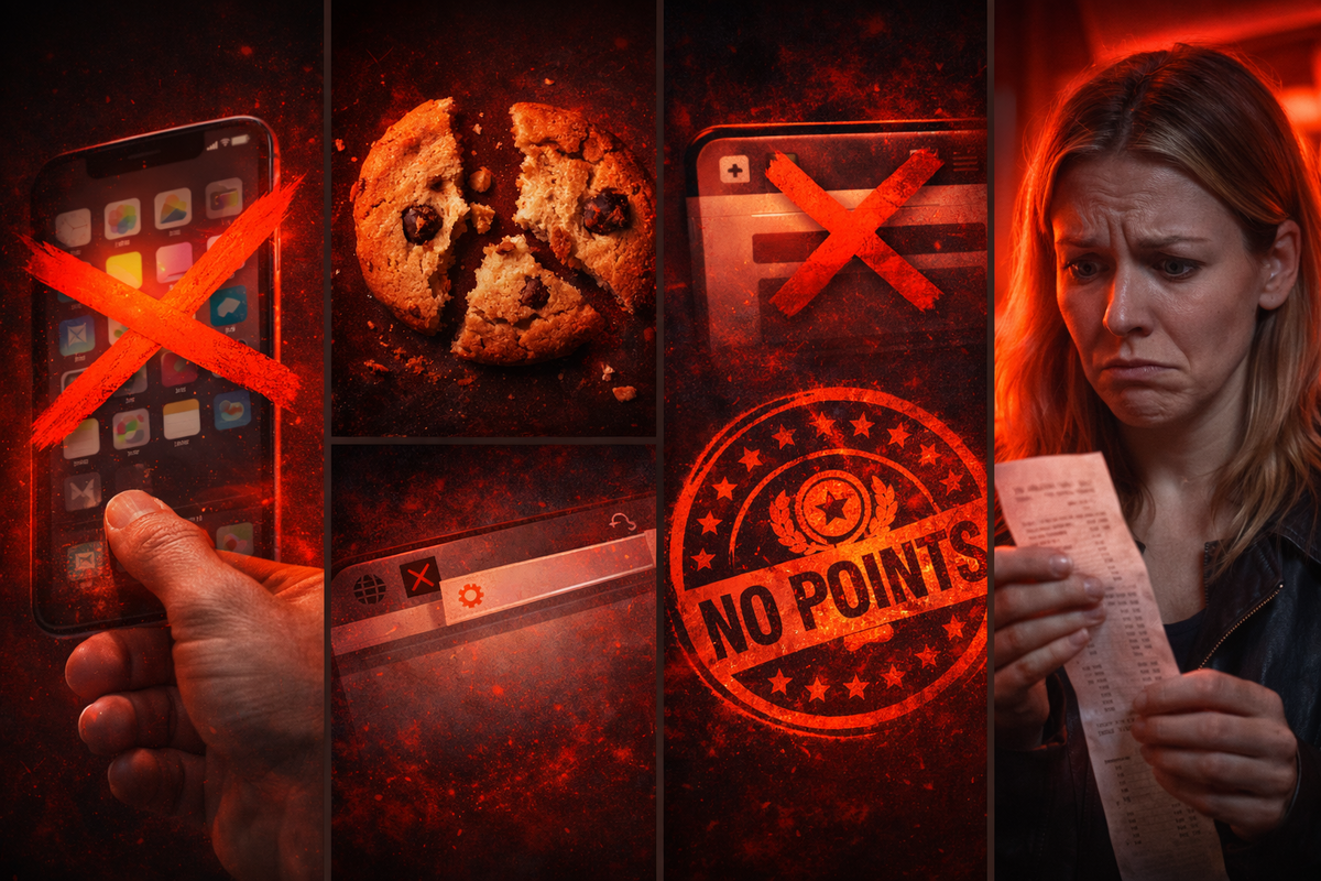 Red-alert failure collage: app purchase crossed out, shattered cookie symbol, canceled browser session, “no points” stamp, worried buyer clutching a receipt—panic, regret, hard-lesson warning vibe
