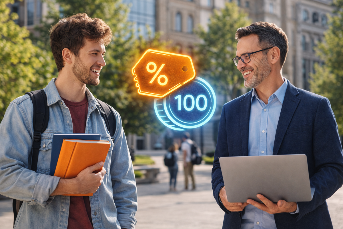 Smiling student and teacher chatting on campus with glowing discount and points icons between them—hopeful upgrade mood, feel-good savings, “smart choice” reassurance