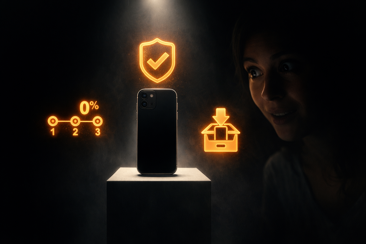 Unbranded smartphone on a pedestal with a glowing safety shield, 0% installment timeline, and delivery box icon—secure, stress-free purchase vibe, quiet excitement, trust-and-relief energy
