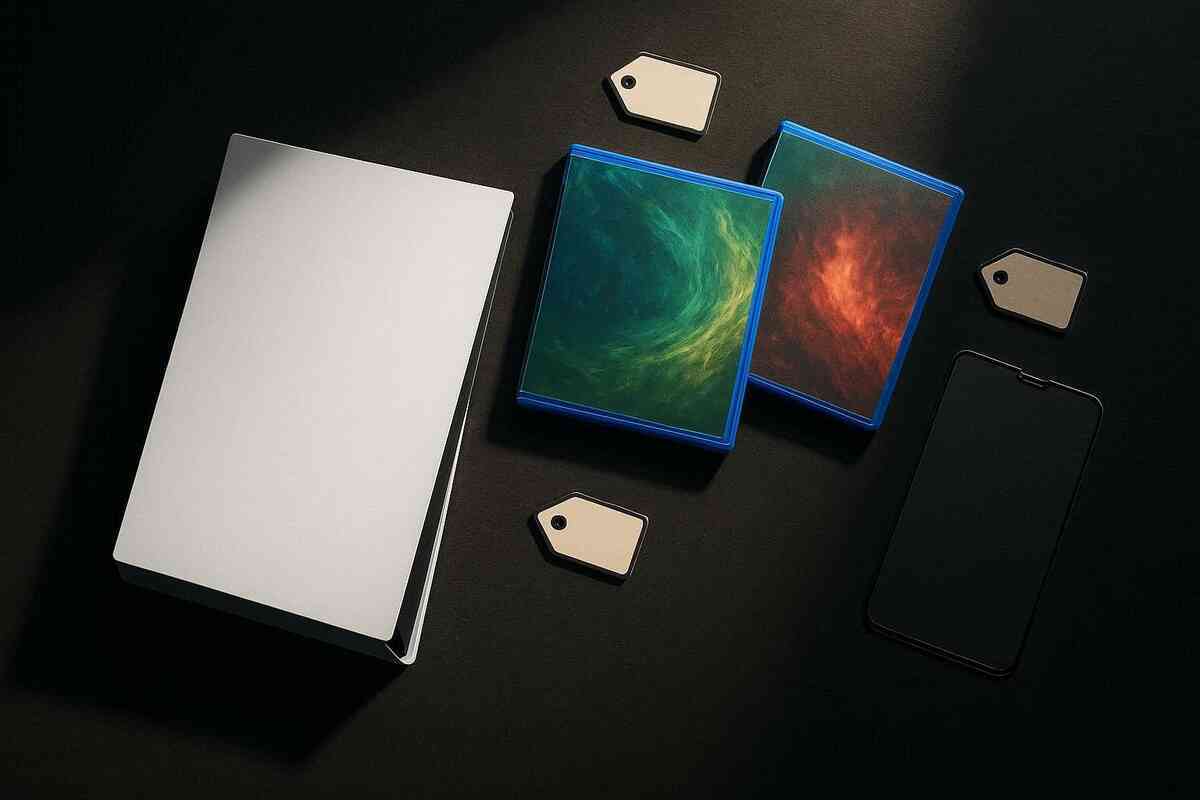 Coveted next-gen console bundle laid out like a prize—sleek device, two vibrant game cases, tags and accessories on a dark table, minimalist luxury with irresistible “must-buy” excitement