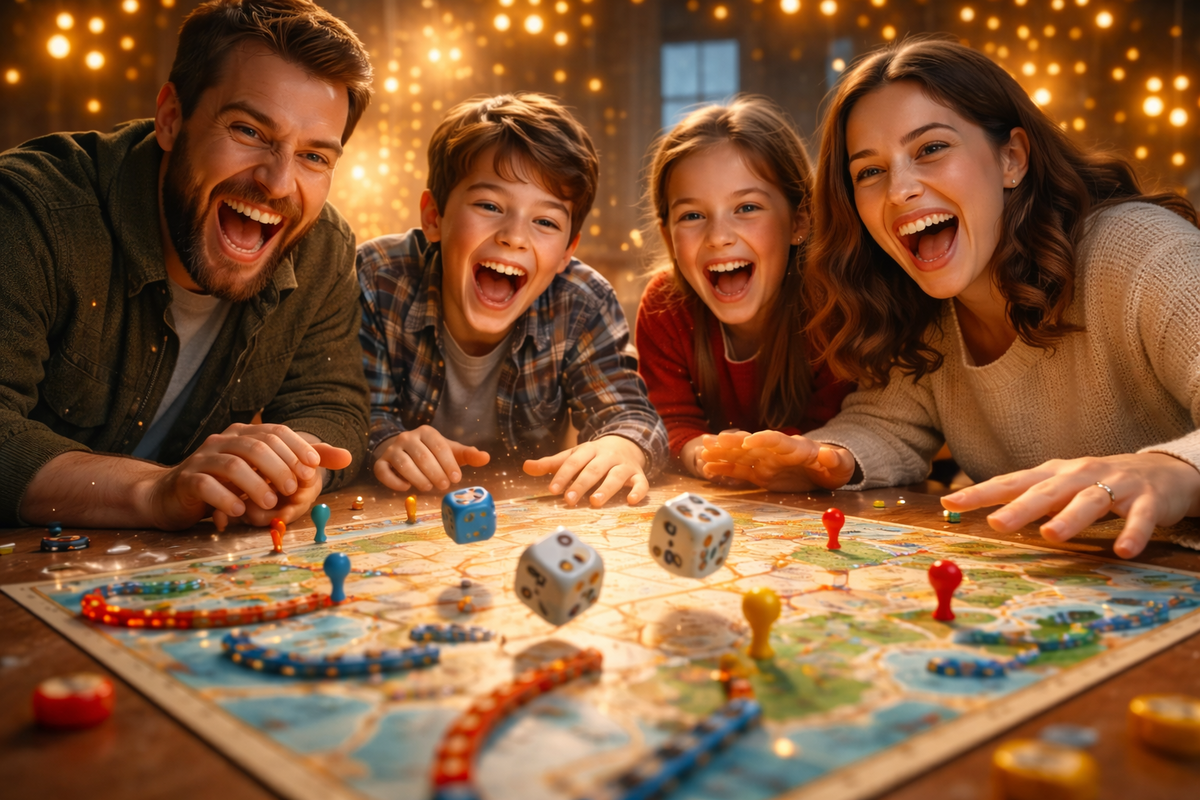 Pure holiday joy at a game table—family shouting with laughter as dice fly over a map board, warm golden lights, cozy togetherness, unstoppable hype for the perfect winter memory