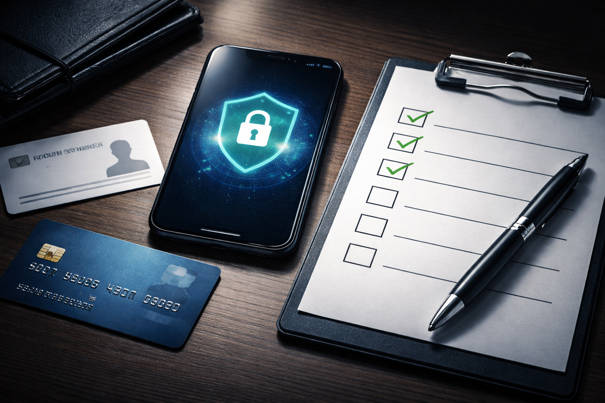 Secure checkout readiness on a desk—phone with glowing lock shield beside a clipboard checklist and payment cards, calm control replacing panic, confident “I’m prepared” energy
