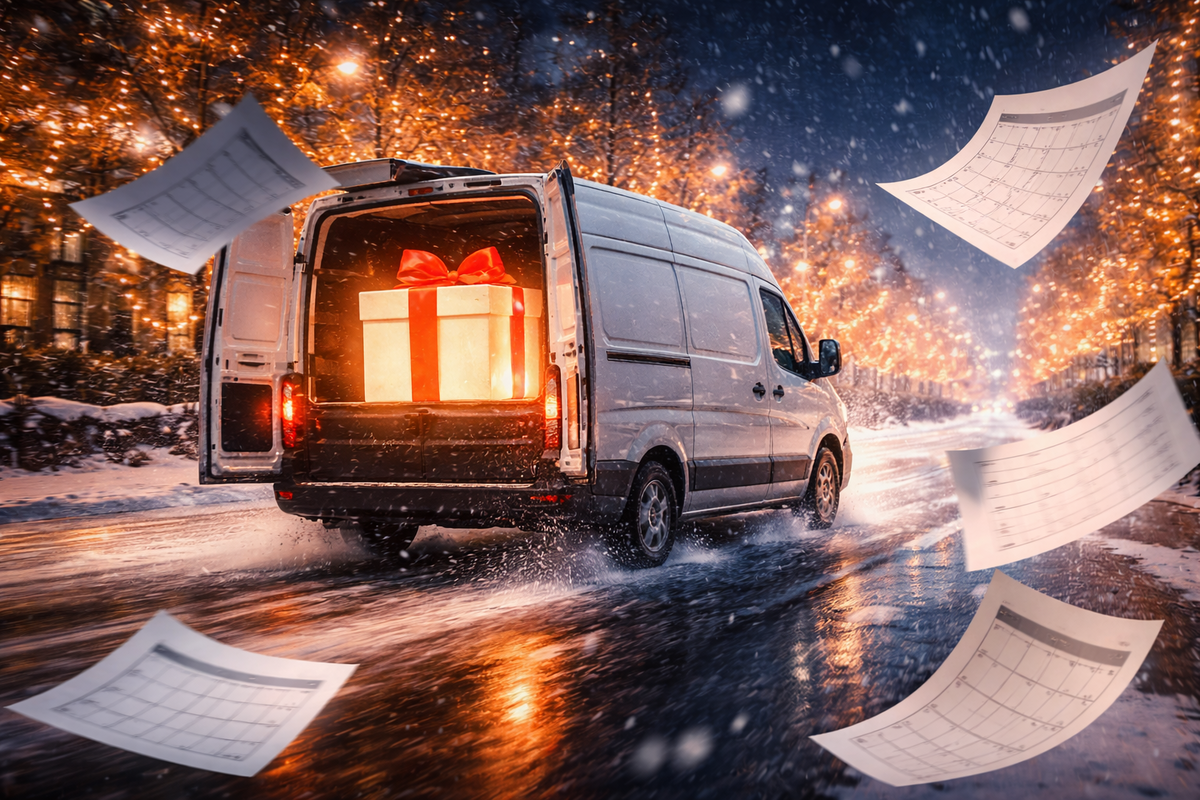 Snowy delivery dash with a glowing gift—van speeding through festive lights as calendar pages whip through the air, anxious countdown vibes, hopeful “please arrive in time” thrill