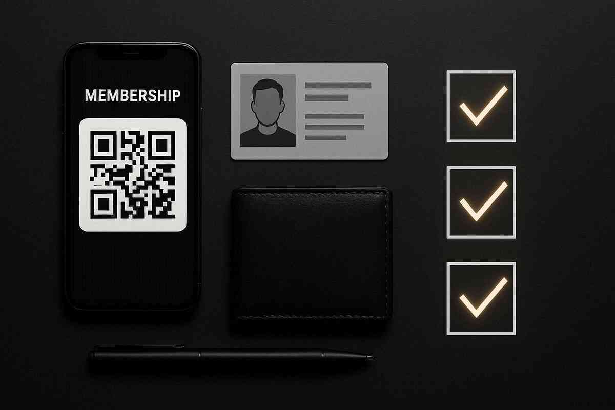 Membership QR + photo ID + ready-to-go checklist on a dark desk—calm control, prepared confidence, zero-panic setup before the buy