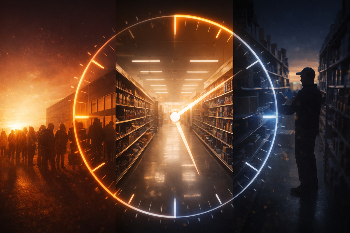 16:9 — dramatic time-window montage: sunrise queue silhouettes at a storefront, midday “quiet aisle” scene, and dusk restock moment; a giant analog clock face without numbers overlayed with pulsing highlight zones; urgent, tactical mood; no logos, no text