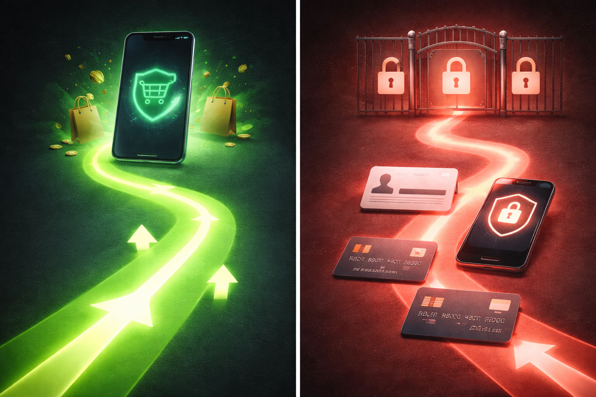 16:9 — split-screen rule comparison without words: left shows simple app-only access with a bright green path; right shows stricter barriers (locked gate icons, card requirement symbols) in muted red; clean infographic style; decisive tension; no logos, no text