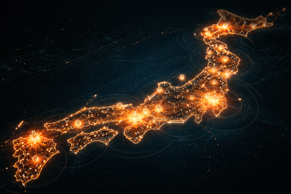 16:9 — minimalist Japan map made of glowing nodes and heat halos; metro clusters vs suburban rings, subtle route lines, small store icons, data-like pulse waves; analytical yet exciting mood; no logos, no text