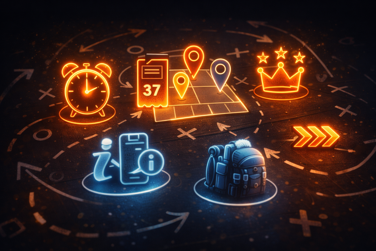 Neon “win-the-drop” battle plan—alarm clock, store pins, checklist, backpack, and fast arrows glowing on a dark strategy grid, electric focus and do-or-die determination