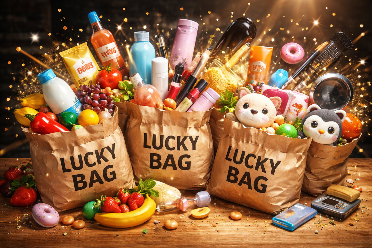 Lucky bag explosion on a table—groceries, drinks, cosmetics, snacks, and cute plush surprises bursting out in golden confetti, pure joy and greedy “what’s inside?” excitement