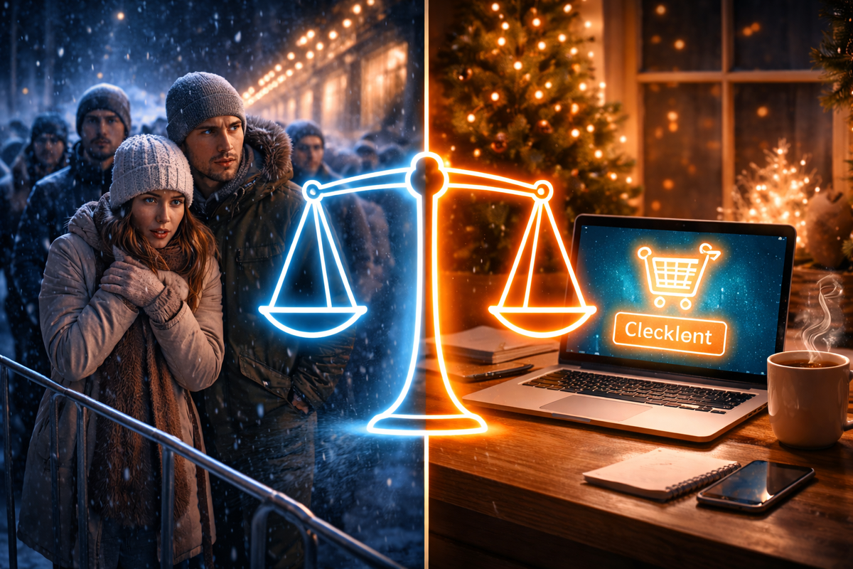 Cold outdoor queue vs warm online checkout desk—glowing balance scale between them, anxious trade-off energy, comfort vs certainty in a high-stakes New Year decision