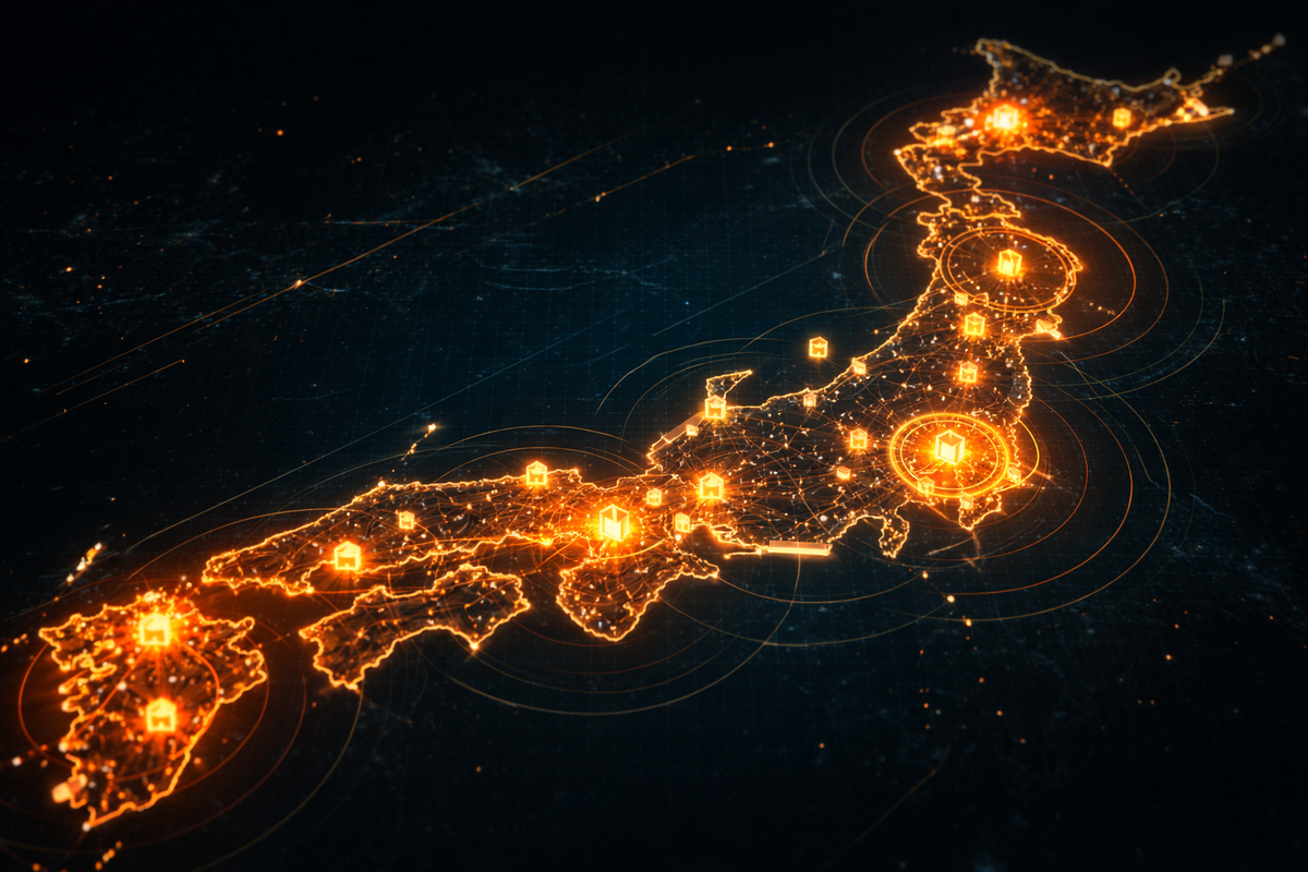 Japan map lit like a constellation—hotspot rings and glowing nodes marking regions, thrilling “where to hunt next” momentum and confident planning vibes