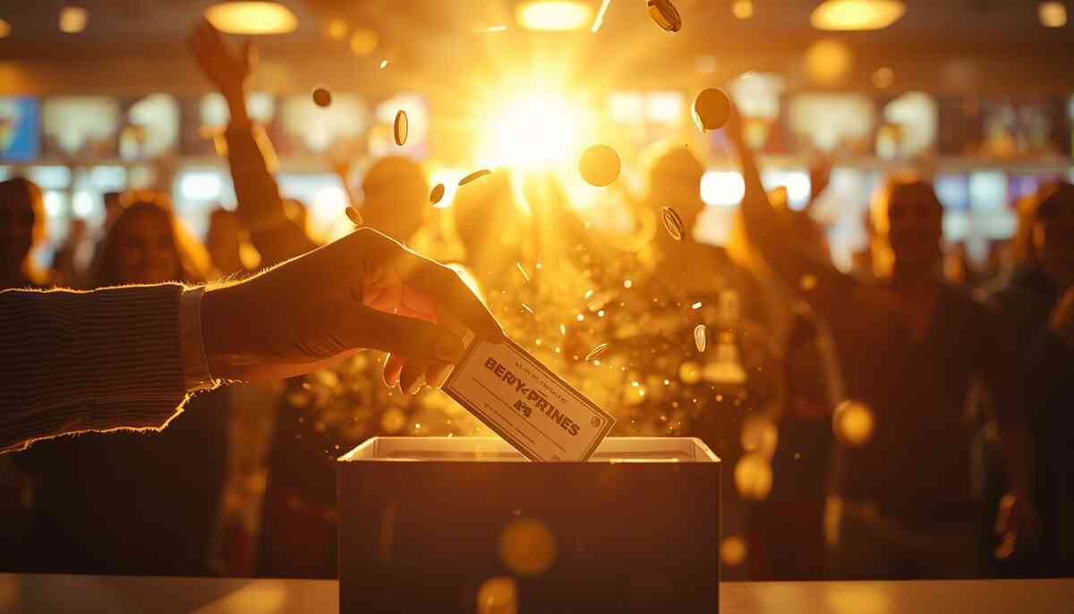 Golden raffle moment—hand dropping a ticket into a box as coins and light sparkle, crowd cheering in the background, dopamine-hit hope and lucky-win euphoria