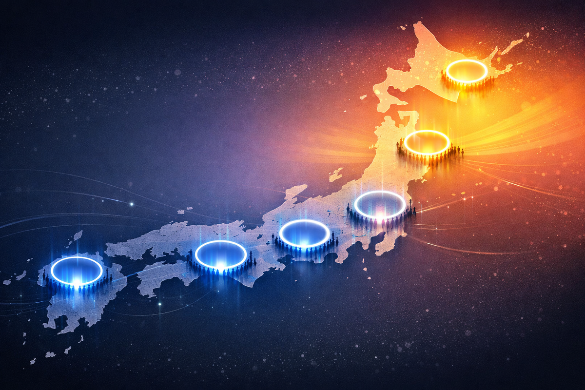 Japan map glowing with time-ring halos—east to west gradient of opening waves, tiny silhouettes gathering around bright circles, motion lines symbolizing nationwide excitement—strategic calm meets electric momentum