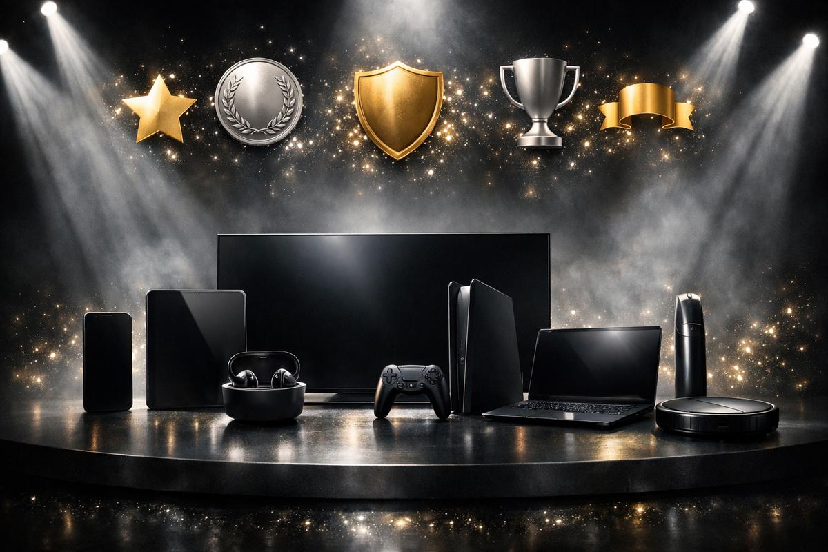 Spotlight stage of unbranded tech heroes—smartphone, tablet, console, TV, laptop under shining medals and trophies—epic anticipation, prestige, and pure “top 10 must-buy” thrill energy