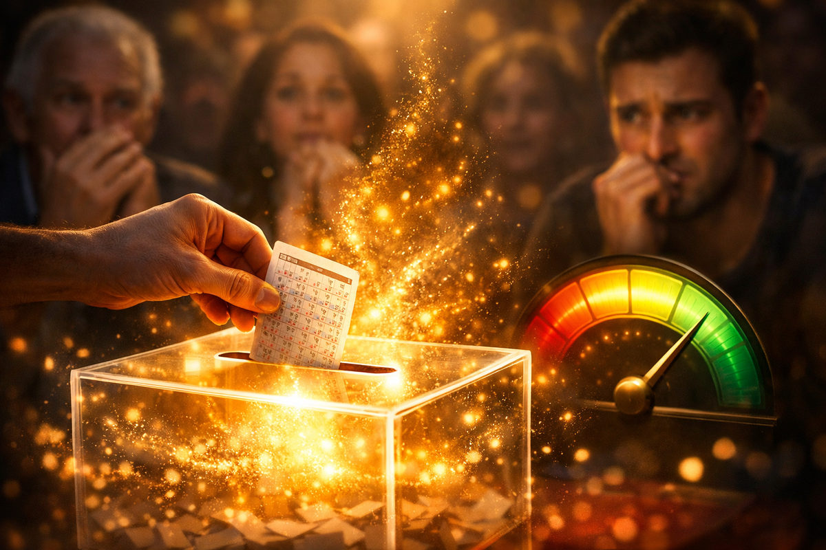 Golden lottery suspense—hand dropping a ticket into a glowing box, sparkling dust rising like fireworks, tense faces watching, a meter needle hitting red zone—intense hope, nervous luck, and victory shimmer