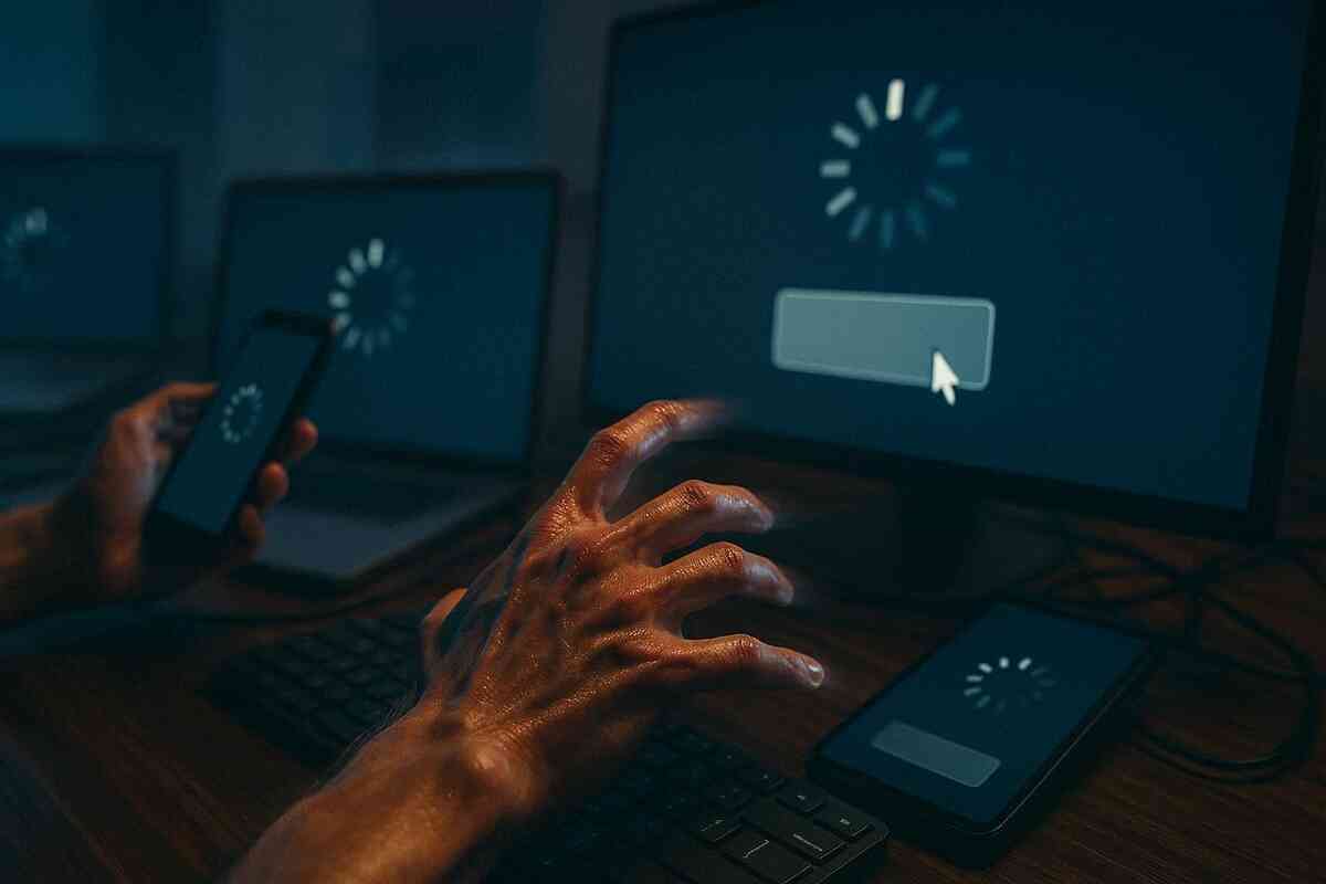 Dark room lit by cold blue screens—phones and monitors frozen on loading symbols, desperate hand reaching for the click, sweat and anxiety in the glow—digital chaos, heart-racing determination