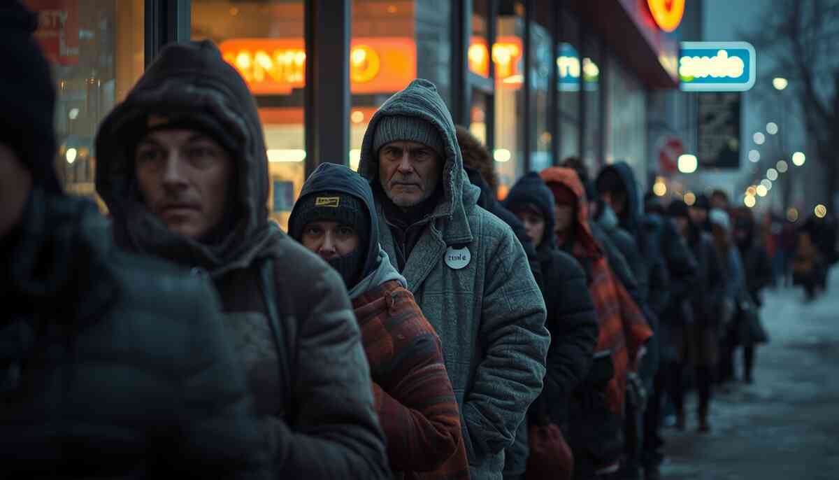Frozen early-morning queue stretching down the street—faces tight with cold resolve, layers of blankets, steam breath in dim light—gritty endurance, quiet strength, and the hunger for that perfect New Year deal