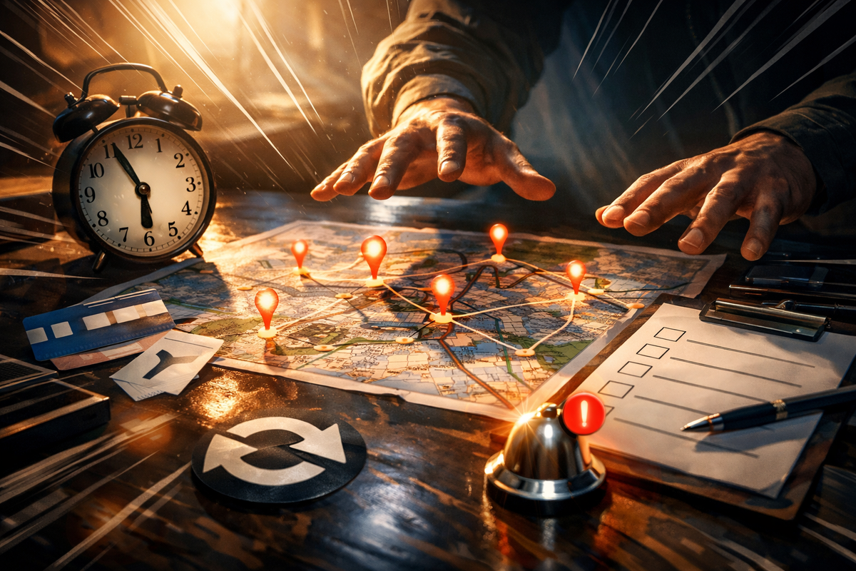 Restock war-room on a desk—alarm clock ticking beside a city map dotted with blazing pins, checklist and cards ready, hands hovering mid-plan, adrenaline, determination, zero-mistake pressure