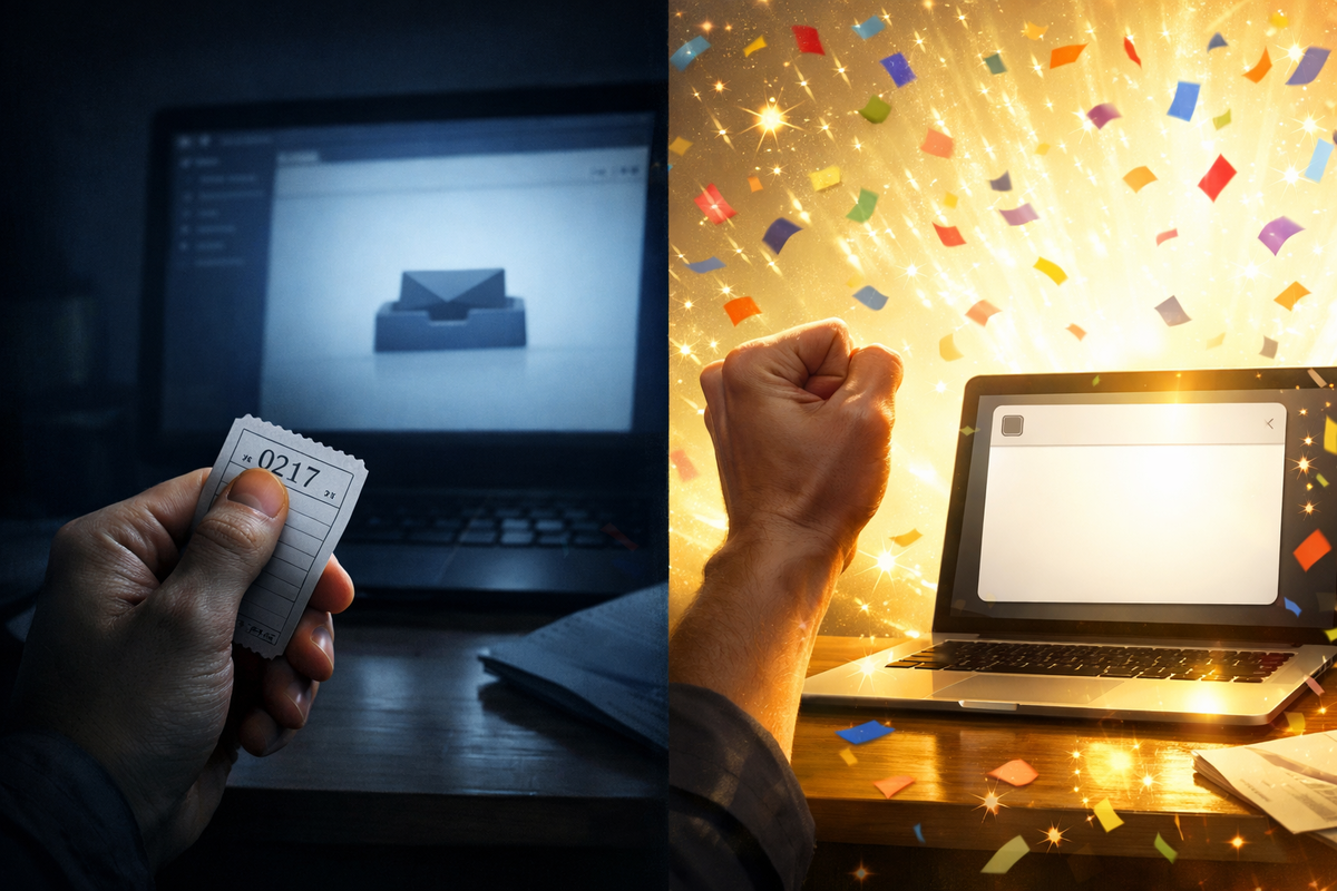 Split-screen rollercoaster—dark inbox wait with a numbered ticket versus explosive confetti celebration on a laptop, heartbreak-to-euphoria contrast, trembling anticipation, victorious punch-the-air joy