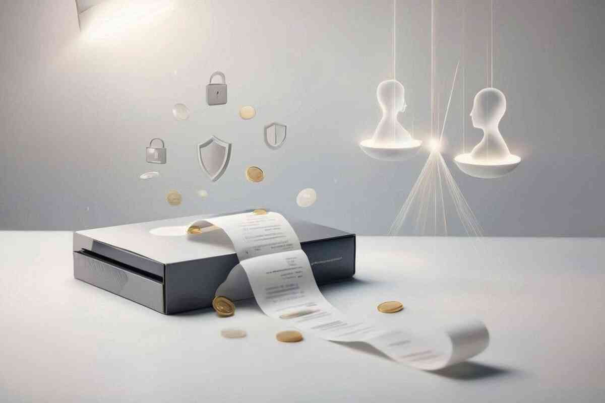 Clean minimalist price reality—plain console box with a long receipt spilling out, scattered coins, floating lock and shield icons, calm clarity, trust-building certainty, “true cost” serenity