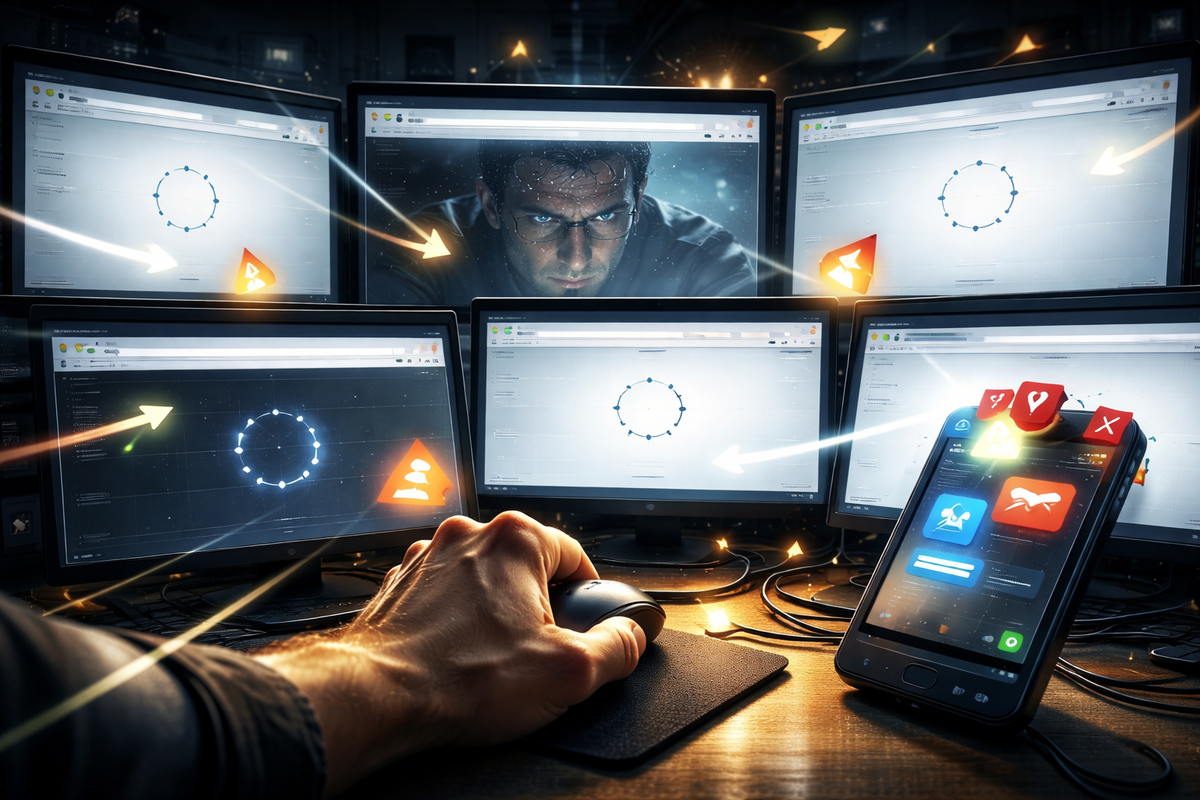 Multi-site checkout war—five monitors and a phone firing alerts, hand tight on the mouse, sweat-and-focus glare, warning icons and fast arrows, chaotic pressure with a determined “I must win” vibe