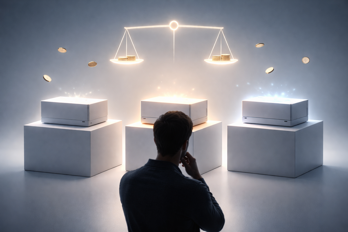 Model choice moment—three unbranded console boxes on pedestals under a glowing balance scale, coins floating midair, buyer silhouette thinking hard, calm clarity mixed with anxious hesitation