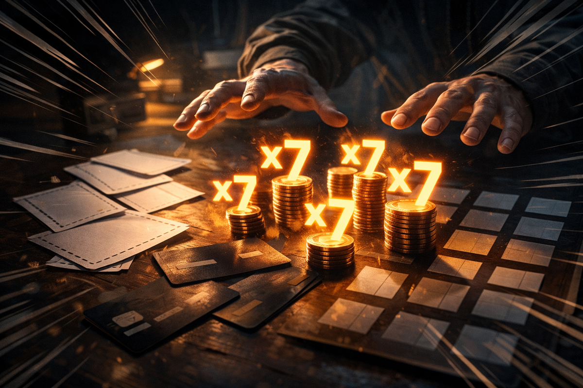 Savings-hack frenzy—glowing “x7” multipliers hovering over stacked coins, blank coupon cards and calendars on a desk, hands poised to strike, deal-hunter thrill and sharp, greedy excitement