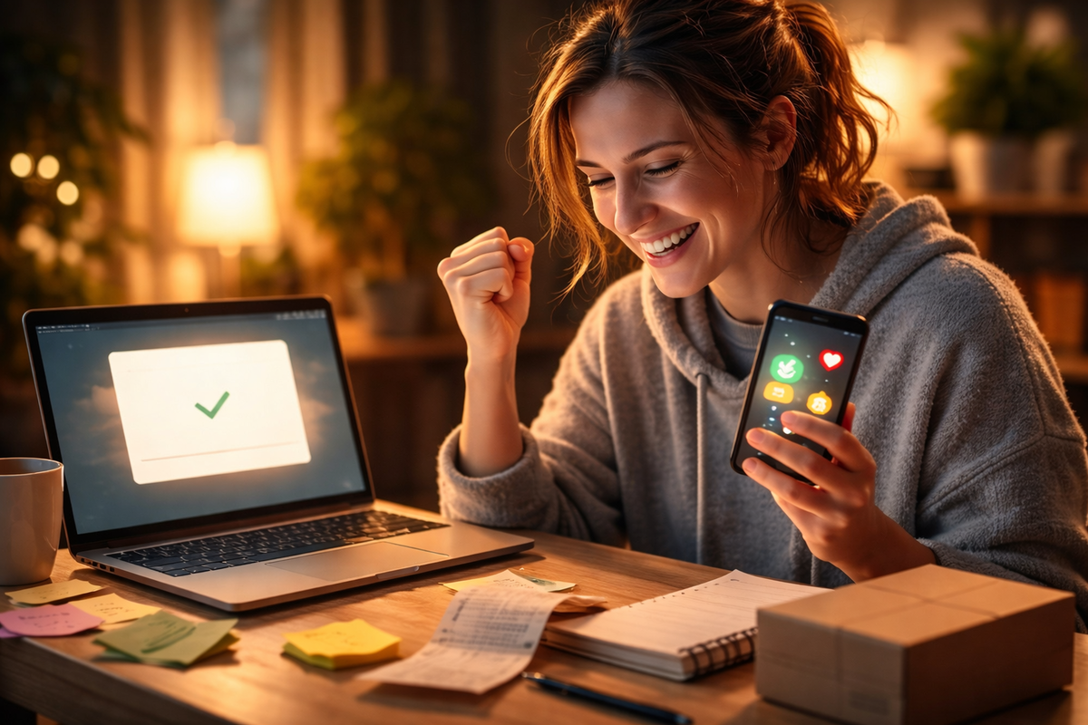 Checkout victory—smiling buyer celebrating with a clenched fist, laptop showing a clean confirmation check, phone in hand, receipts and notes scattered, warm relief and pure “finally secured it” joy