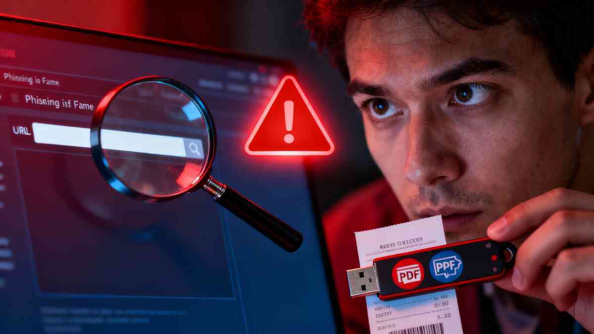 Scam-defense focus—magnifying glass over a blank URL bar beside a red warning triangle, buyer clutching receipt and USB with PDF icons, tense vigilance, protective fear, and trust-seeking determination