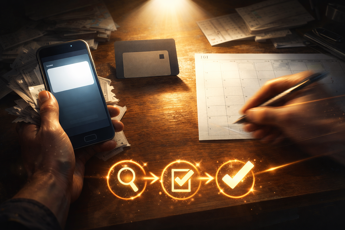 Lottery-prep desk—phone, membership card, calendar page, and fast-moving pen with glowing “search → apply → confirm” icons, focused pressure and don’t-mess-up determination