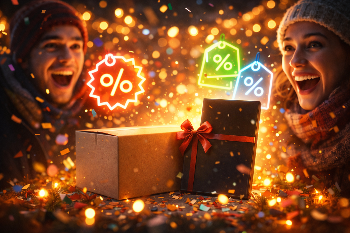 Holiday sale euphoria—confetti storm around a wrapped gift box, neon % discount tags floating, wide-open smiles and warm golden lights, limited-time thrill and festive urgency