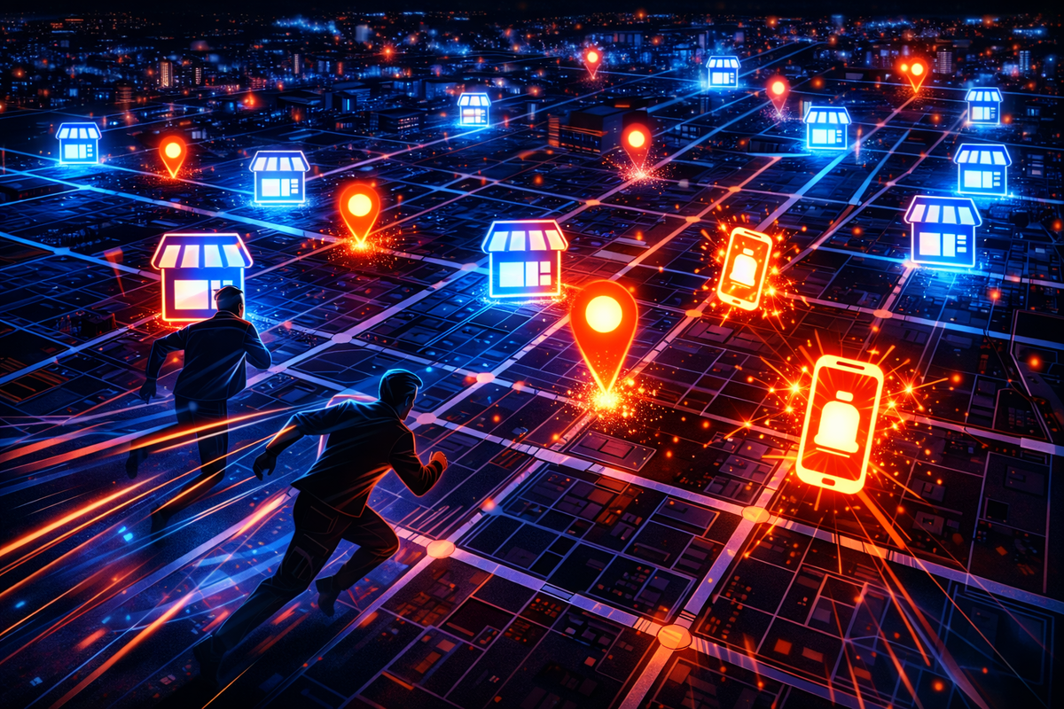 Real-time city hunt—neon grid map packed with store icons and blazing location pins, runners sprinting toward hotspots, phone-alert sparks, adrenaline-fueled “go now” momentum