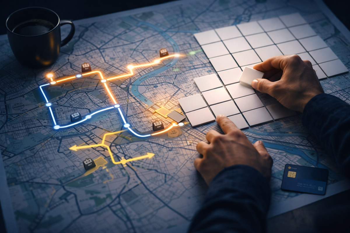 Winning route blueprint—hands arranging tiles over a detailed map with glowing paths and branching options, coffee nearby, calm strategy under pressure, decisive mission-planning mood