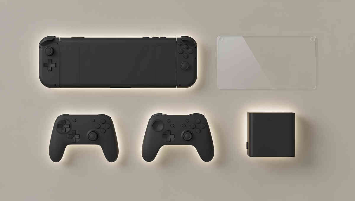 Clean accessory lineup—minimal flat-lay of a next-gen handheld console silhouette, two controllers, screen protector, and compact charger, satisfying readiness and calm confidence