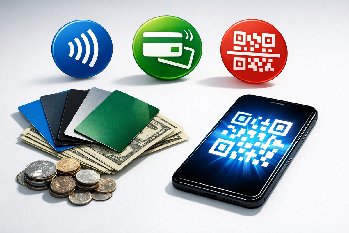 All-payment freedom on display—credit/debit/prepaid cards, cash and coins beside a glowing QR-style phone, crisp clean layout with confident, frictionless checkout energy