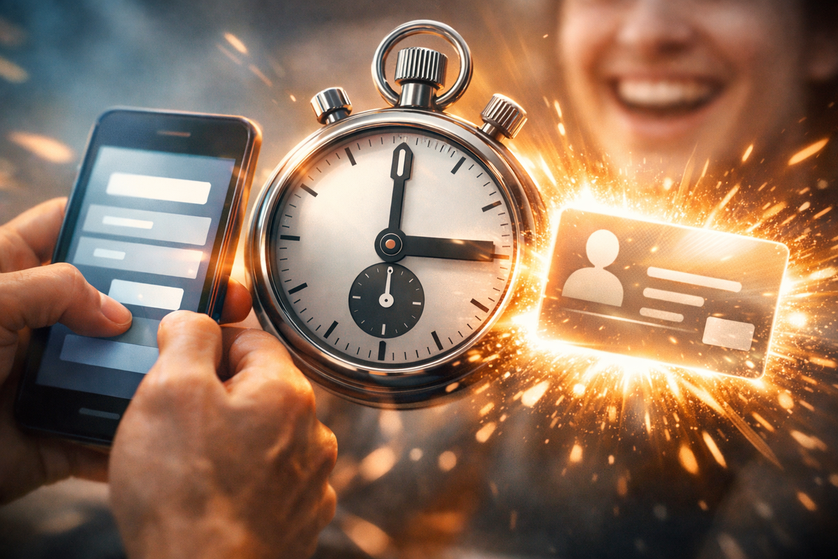 Three-minute signup adrenaline—hands racing on a smartphone beside a ticking stopwatch as a glowing membership-style card appears, last-second rescue mood and bright optimism