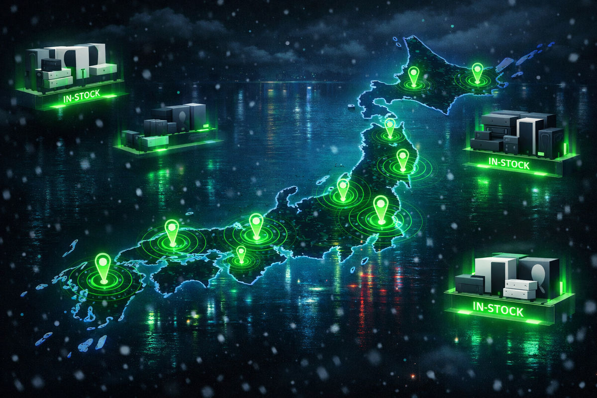 Winter restock hunt across Japan—neon map pins pulsing over the islands with “in-stock” supply crates glowing in the dark, suspenseful, real-time hotspot excitement