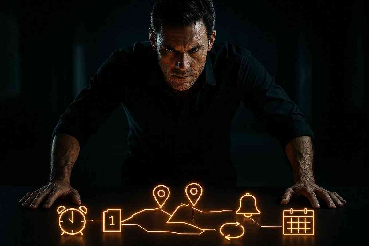 War-room buying strategy—intense focused planner over a neon action path (alarm, route pins, alerts, calendar), gritty determination and do-or-die momentum in the shadows