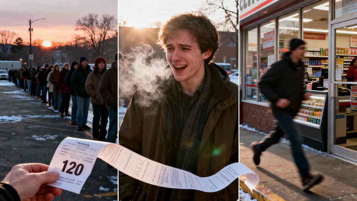 Dawn-to-checkout sprint—cold morning queue, numbered ticket in hand, and a frantic run into the store in one montage, breath-in-the-air tension turning into triumph