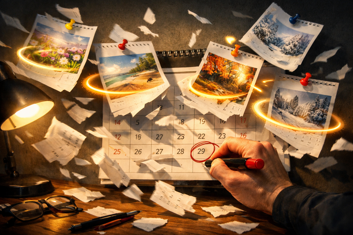 Flying calendar pages and glowing seasonal photos swirling around a circled sale date—anticipation, countdown tension, and the thrill of chasing the perfect discount