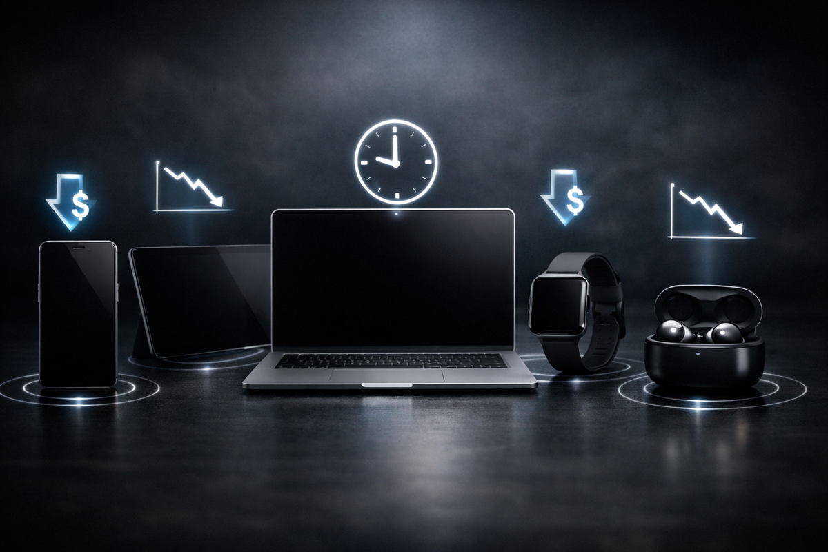 Minimalist lineup of sleek unbranded gadgets—laptop, tablet, smartwatch, earbuds—surrounded by glowing downward price graphs and clock icon, calm precision meets deal-time pressure