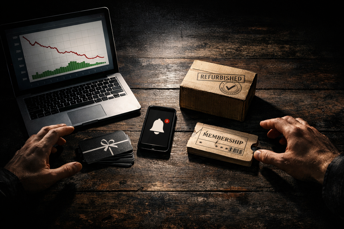 Minimalist lineup of sleek unbranded gadgets—laptop, tablet, smartwatch, earbuds—surrounded by glowing downward price graphs and clock icon, calm precision meets deal-time pressure