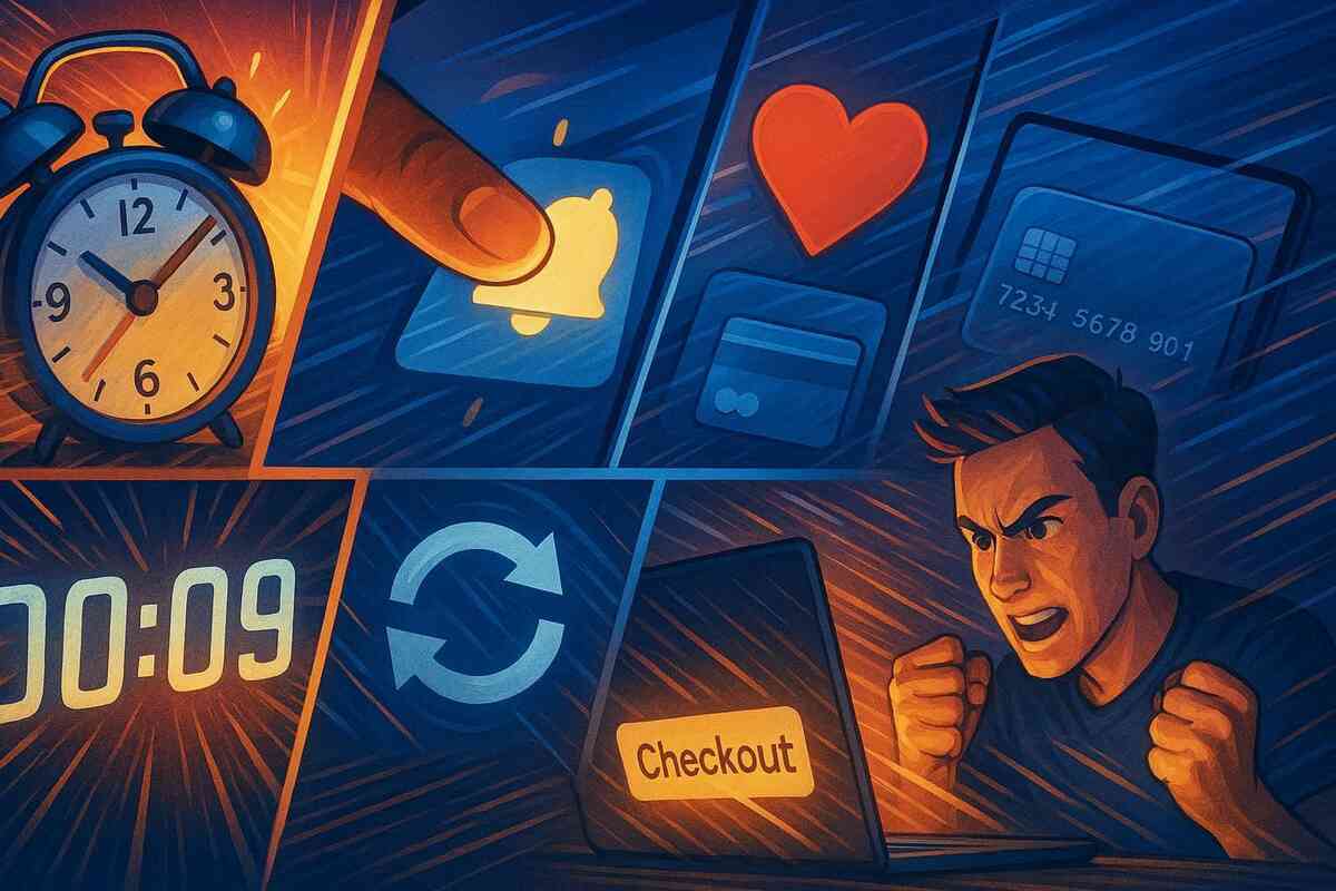 Dynamic comic-style illustration—alarm clock, alert finger, heart, credit card, checkout fury—energy of flash sale chaos and relentless pursuit of the perfect timing