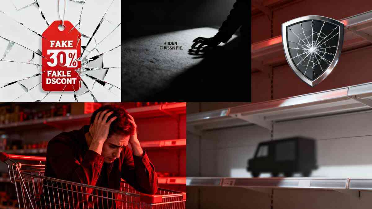 Dark dramatic collage—broken fake discount tag, hidden fees creeping, shattered warranty shield, empty shelves, anxious shopper—fear, regret, and the harsh truth of buying mistakes